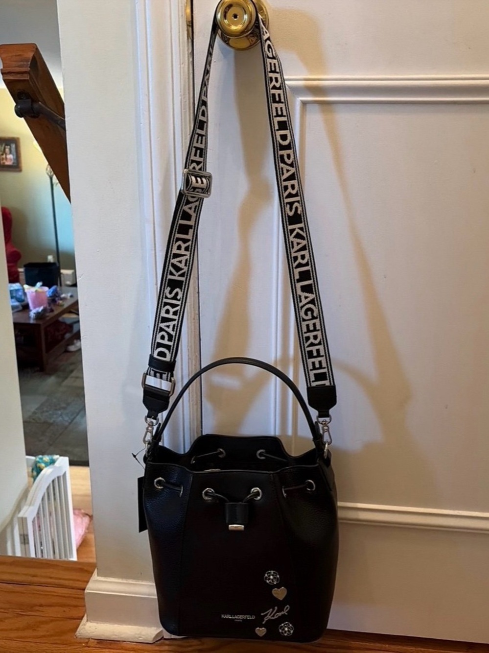 Karl Lagerfeld Black Leather Bucket Bag with Logo Charms - Picture 6 of 9